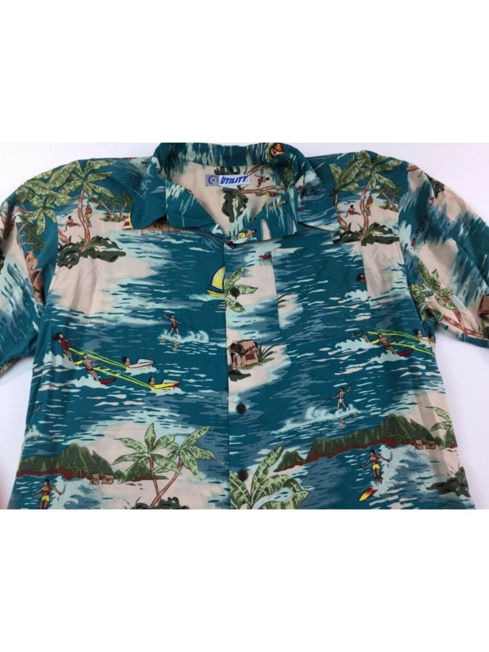 Utility Men's Hawaiian Shirt Blue Surfing Waves Beach Sports Boats Size Large